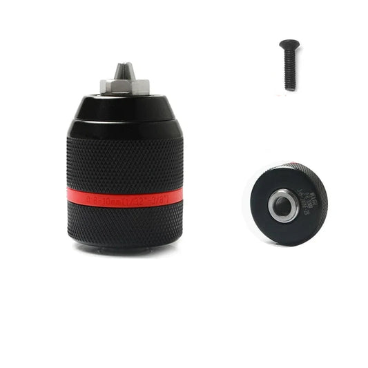 Clamping Range: 0.8–10mm | Thread: 3/8"-24UNF drill adapter anti-explosion type,Red & Black Ratchet Self-Locking Double Sleeve Chuck