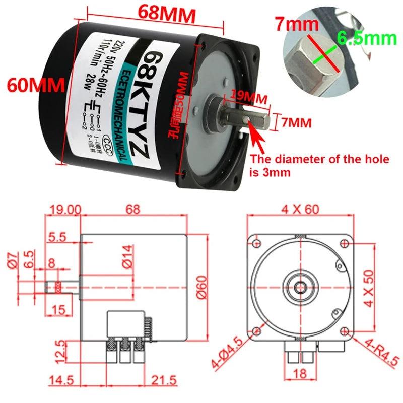 68ktyz Permanent Magnet Synchronous Motor 28W AC 110V 220V Metal Geared Speed 2.5rpm-110rpm Torque 100KG Reversed Forward CW CCW