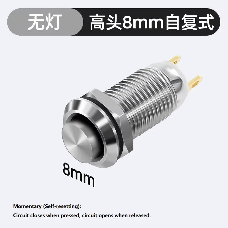 Metal Push Button Switch, 8mm, Nickel-Plated Copper, Waterproof Dustproof, Latching/Momentary, Solder/Plug-in Terminal, 12/24V DC, 110/220V AC