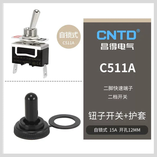 C511A SPST 2Pin 2Position Latching Toggle Switch with protective boots, 15A 250VAC 12mm Panel Mount toggle switch with quick pin terminal
