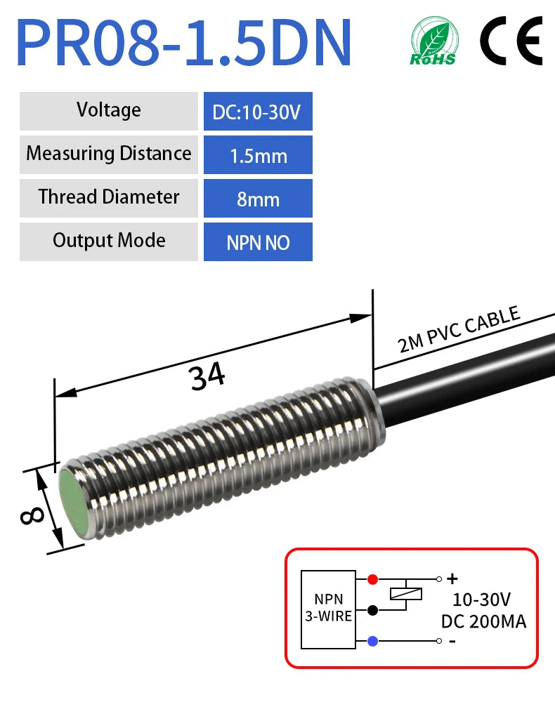 GTRIC M8 Inductive Proximity Sensor Switch 12-24V DC Short Type Flush PR08-1.5DN PR08-1.5DP NPN PNP 1.5mm Sensing Distance