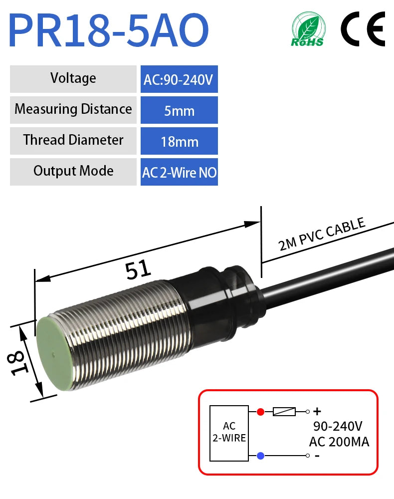 GTRIC PR18 Series Proximity Sensor Switch 12-24VDC NPN PNP PR18-5DN PR18-5DP 5mm Sensing M18 Flush Inductive Proximity Switch