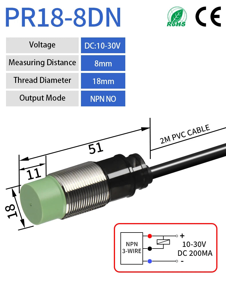 GTRIC M18 Inductive Proximity Sensor Switch PR18-8DN PR18-8DP 24VDC NPN PNP 8mm Sensing PR18 Non-Flush Metal Proximity Switch