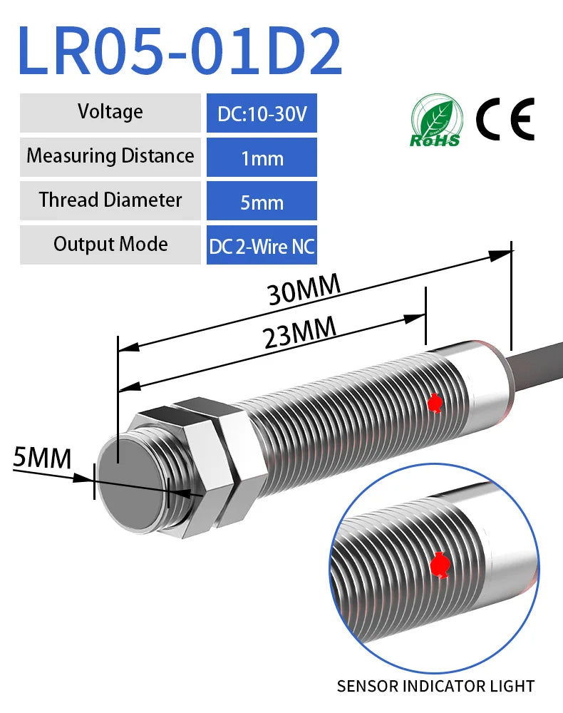 GTRIC M5 Series Small Mini Inductive Proximity Switch Sensing Distance 1mm NPN PNP NO/NC DC 10-30V 3-wire Miniature Metal Detect