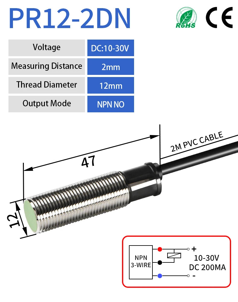 GTRIC PR12-2DN PR12-2DP Inductive Proximity Sensor Switch M12 Flush PR12 Short Type 12-24V DC NPN PNP 2MM Metal Proximity Switch