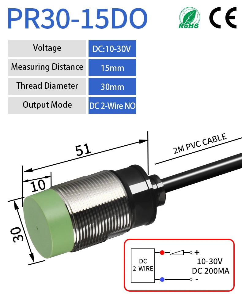GTRIC PR30 Proximity Sensor Switch Non-Flush M30 Short NPN PNP 12-24V DC 15mm Sensing Distance Metal Inductive Proximity Switch