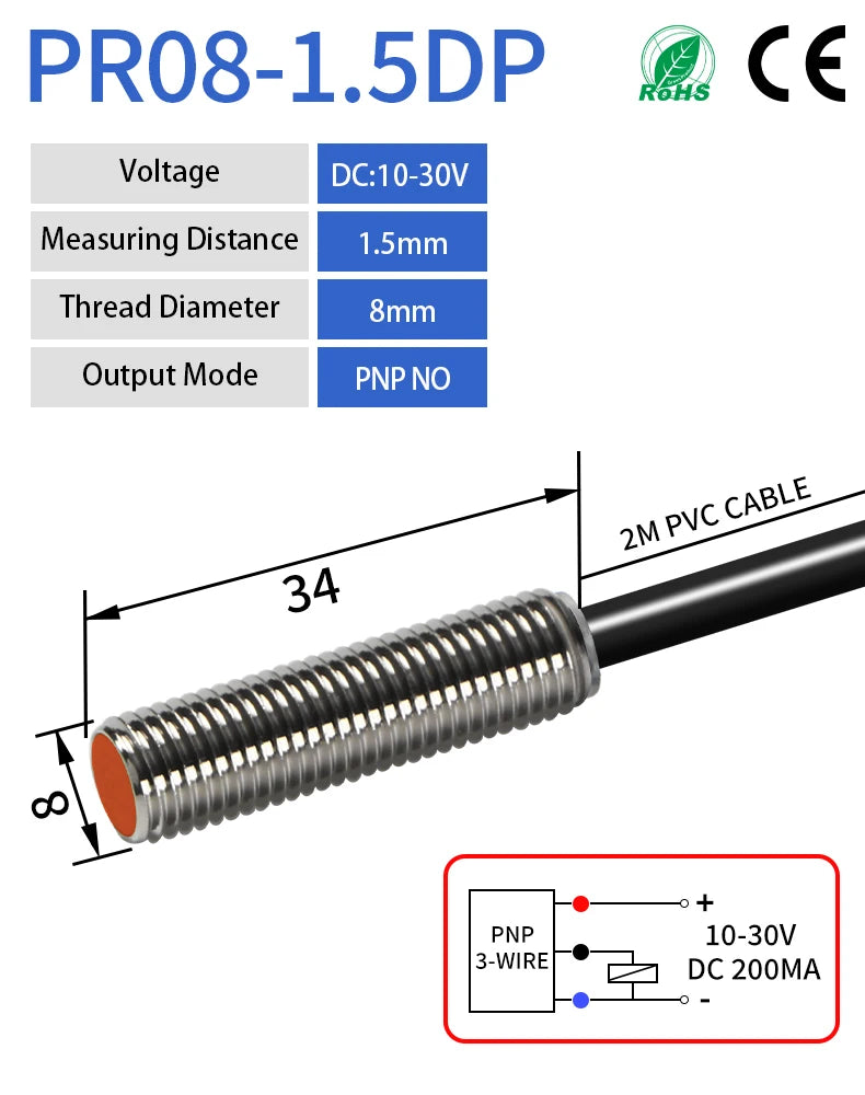 GTRIC M8 Inductive Proximity Sensor Switch 12-24V DC Short Type Flush PR08-1.5DN PR08-1.5DP NPN PNP 1.5mm Sensing Distance