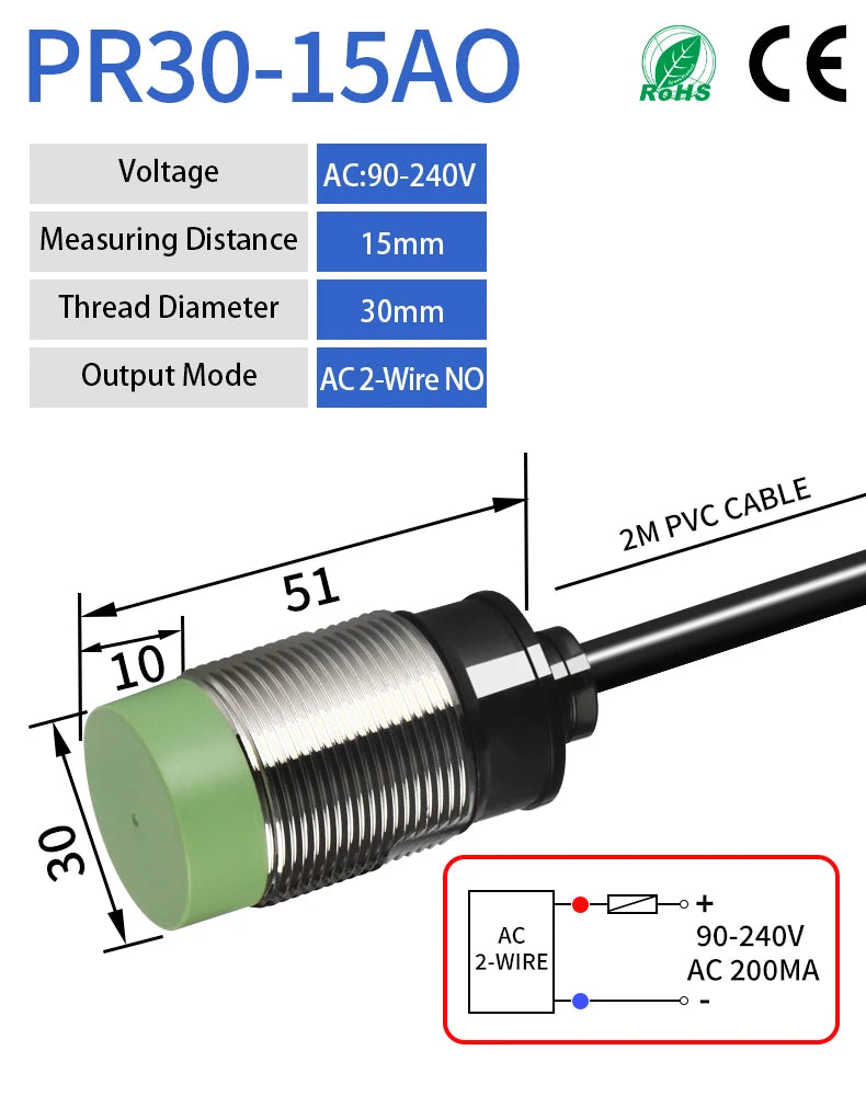 GTRIC PR30 Proximity Sensor Switch Non-Flush M30 Short NPN PNP 12-24V DC 15mm Sensing Distance Metal Inductive Proximity Switch