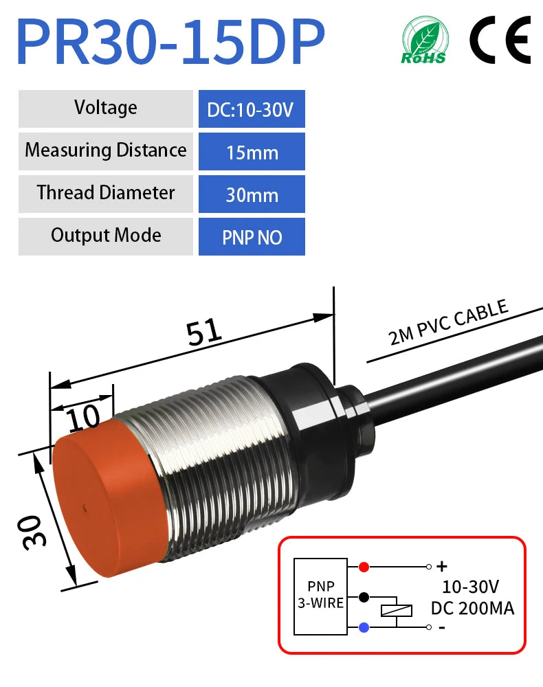 GTRIC PR30 Proximity Sensor Switch Non-Flush M30 Short NPN PNP 12-24V DC 15mm Sensing Distance Metal Inductive Proximity Switch