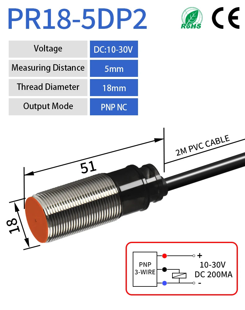 GTRIC PR18 Series Proximity Sensor Switch 12-24VDC NPN PNP PR18-5DN PR18-5DP 5mm Sensing M18 Flush Inductive Proximity Switch