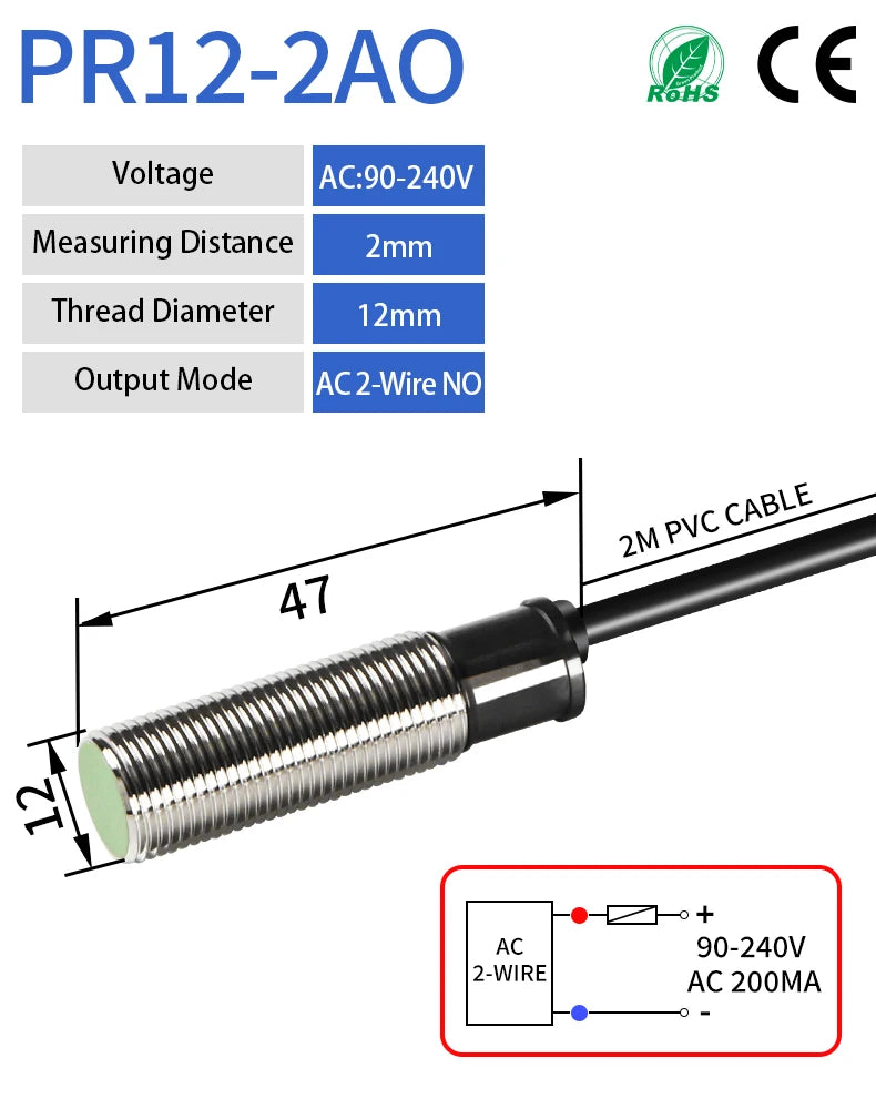 GTRIC PR12-2DN PR12-2DP Inductive Proximity Sensor Switch M12 Flush PR12 Short Type 12-24V DC NPN PNP 2MM Metal Proximity Switch