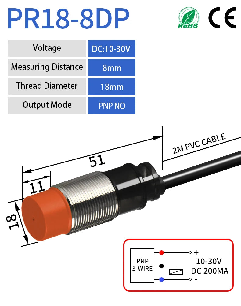 GTRIC M18 Inductive Proximity Sensor Switch PR18-8DN PR18-8DP 24VDC NPN PNP 8mm Sensing PR18 Non-Flush Metal Proximity Switch
