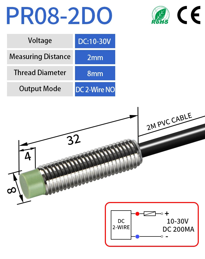 GTRIC M8 Inductive Proximity Sensor Switch 12-24V DC Short Type Flush PR08-1.5DN PR08-1.5DP NPN PNP 1.5mm Sensing Distance