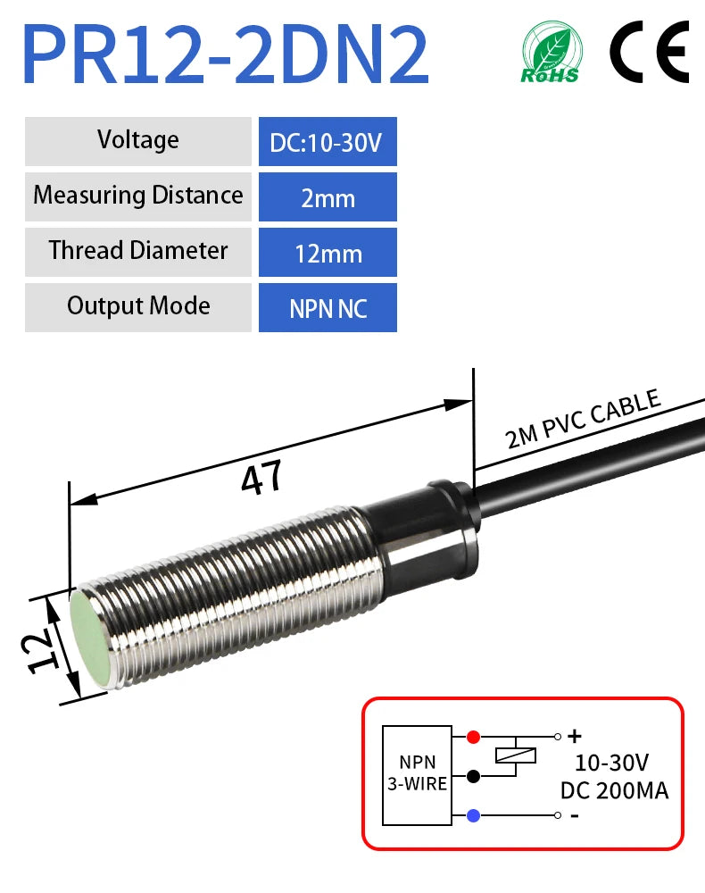 GTRIC PR12-2DN PR12-2DP Inductive Proximity Sensor Switch M12 Flush PR12 Short Type 12-24V DC NPN PNP 2MM Metal Proximity Switch