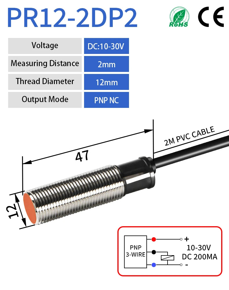 GTRIC PR12-2DN PR12-2DP Inductive Proximity Sensor Switch M12 Flush PR12 Short Type 12-24V DC NPN PNP 2MM Metal Proximity Switch