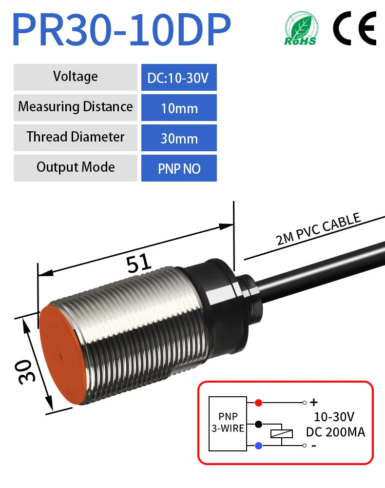 GTRIC M30 Inductive Proximity Sensor Switch PR30-10DN PR30-10DP Flush NPN PNP 12-24V DC IP67 Protection Metal Proximity Switch