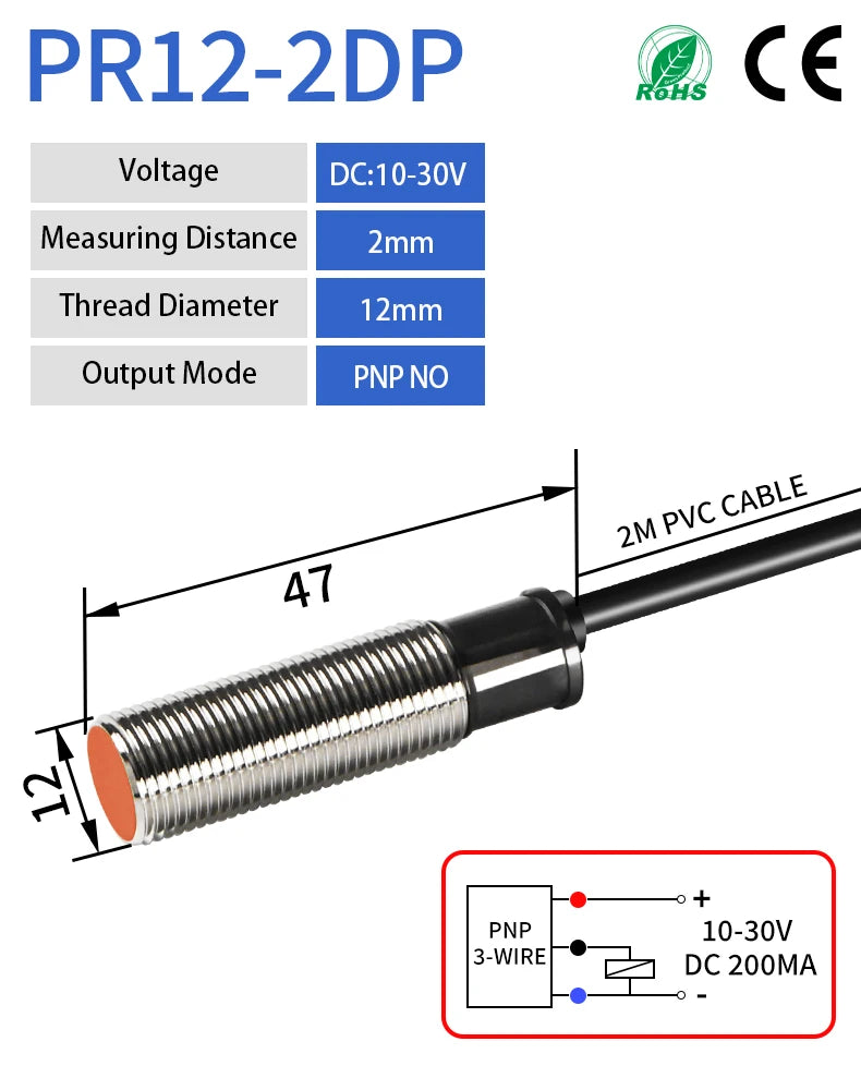 GTRIC PR12-2DN PR12-2DP Inductive Proximity Sensor Switch M12 Flush PR12 Short Type 12-24V DC NPN PNP 2MM Metal Proximity Switch