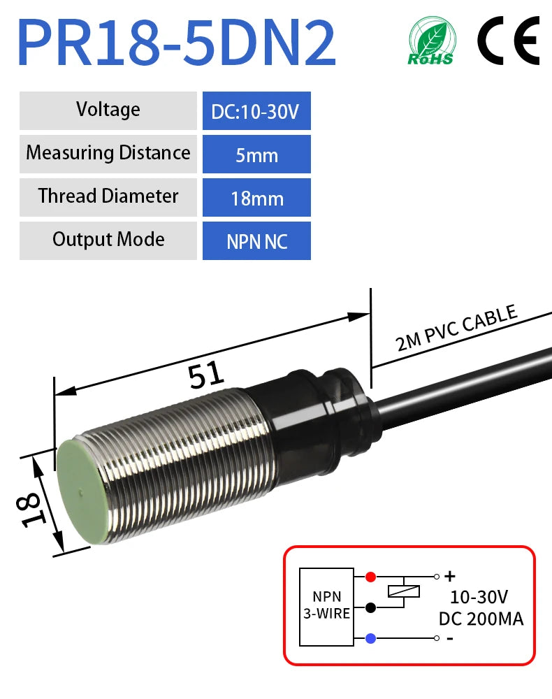 GTRIC PR18 Series Proximity Sensor Switch 12-24VDC NPN PNP PR18-5DN PR18-5DP 5mm Sensing M18 Flush Inductive Proximity Switch