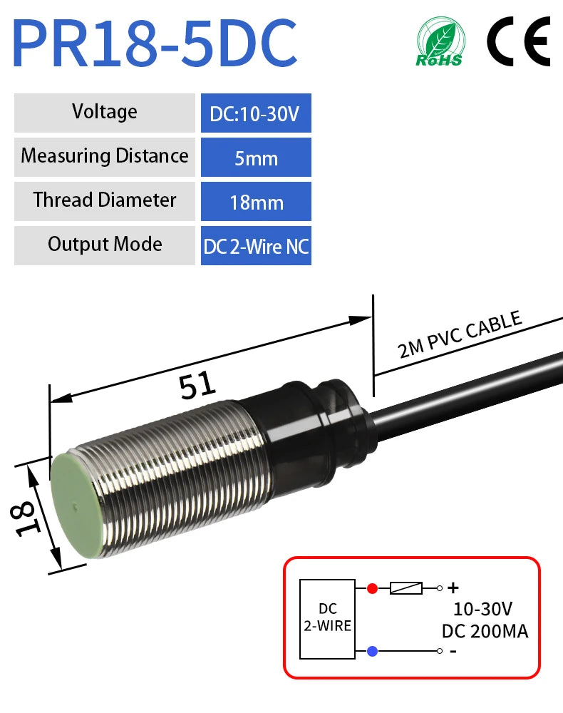 GTRIC PR18 Series Proximity Sensor Switch 12-24VDC NPN PNP PR18-5DN PR18-5DP 5mm Sensing M18 Flush Inductive Proximity Switch