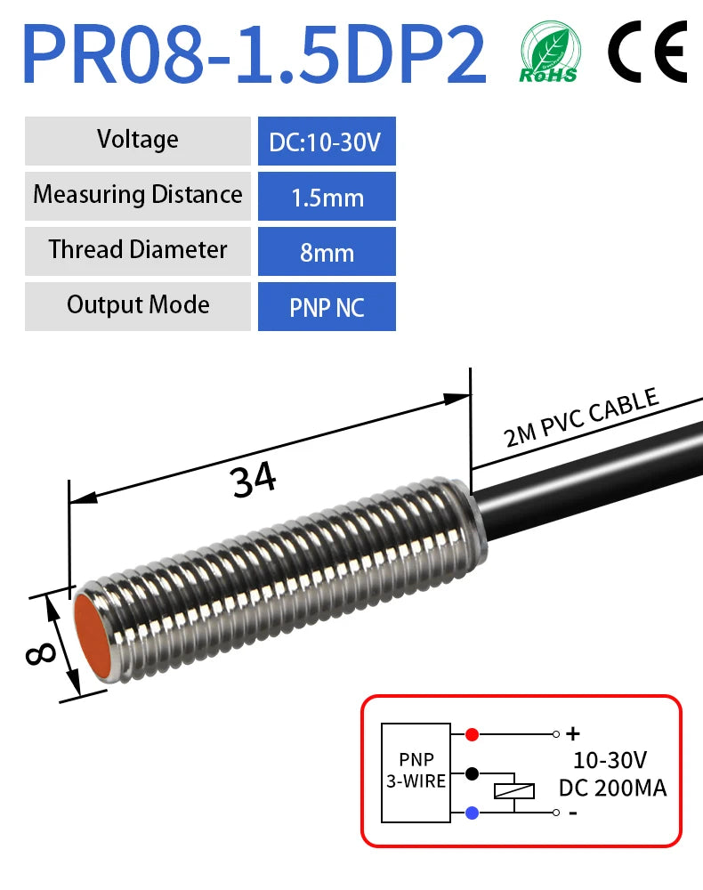 GTRIC M8 Inductive Proximity Sensor Switch 12-24V DC Short Type Flush PR08-1.5DN PR08-1.5DP NPN PNP 1.5mm Sensing Distance