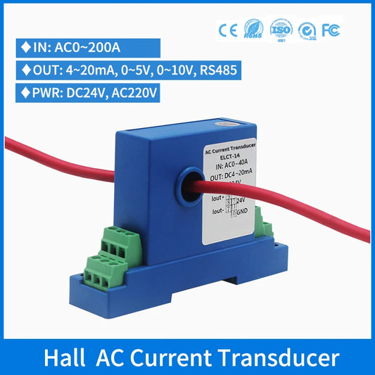 0-200A AC Current Transmitter Closed Hall Effect Current Transducer with Analog Output 4-20ma 0-10v 0-5v CT for AC Current 8mm aperture|DC24V powered