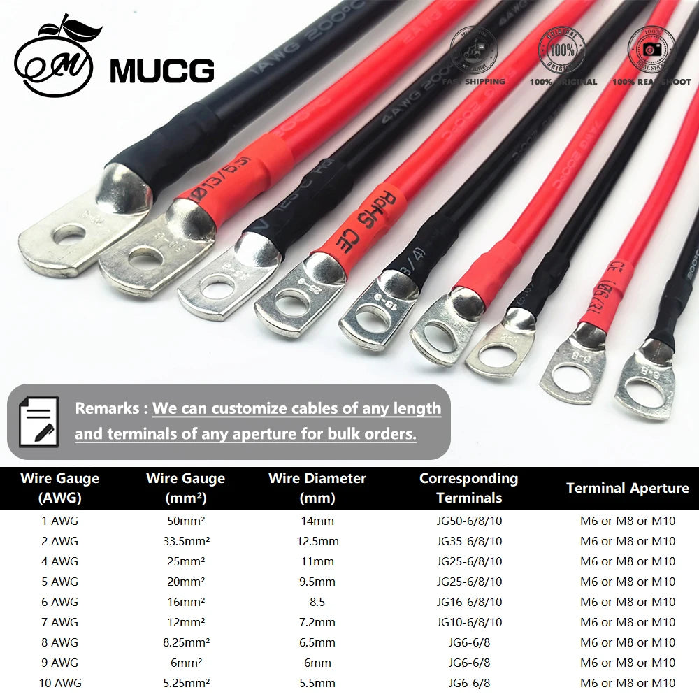 100cm/200cm Length M6-M10 Very Soft Car Battery Cable Silicone wire With Lug Ring Terminal cable Black Red Jumper cables 1AWG 2AWG 4AWG