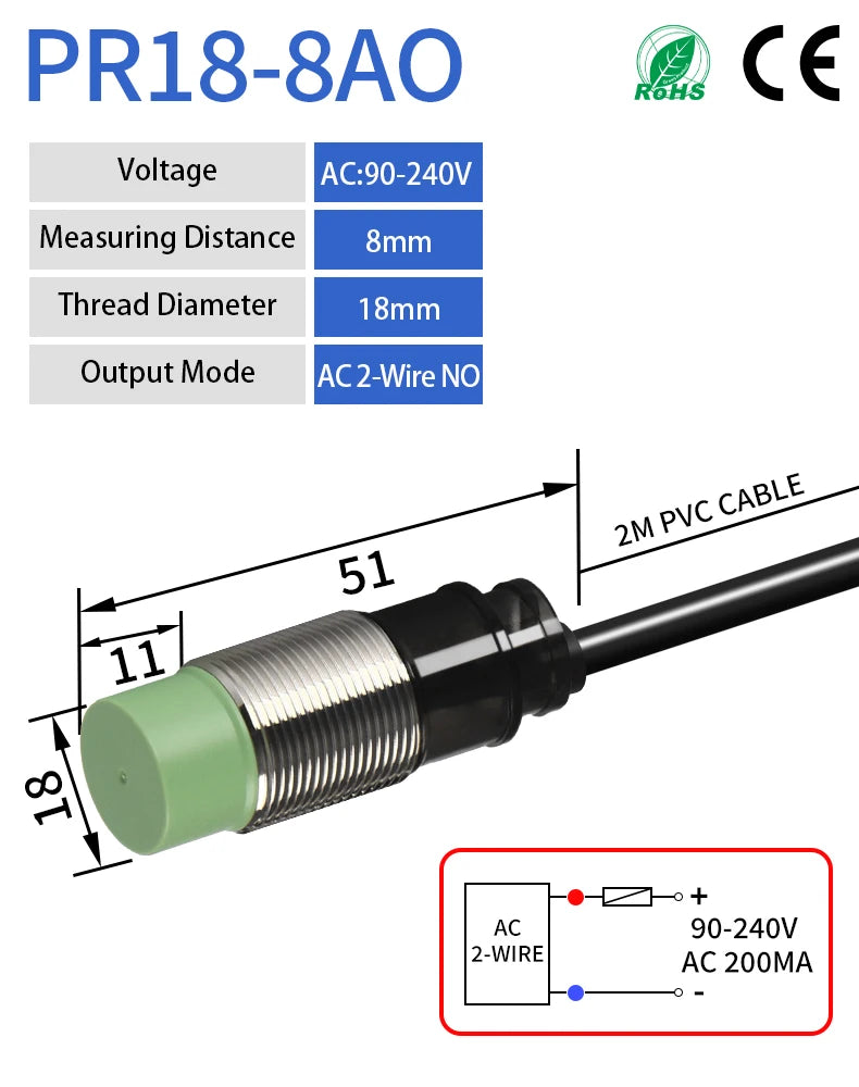 GTRIC M18 Inductive Proximity Sensor Switch PR18-8DN PR18-8DP 24VDC NPN PNP 8mm Sensing PR18 Non-Flush Metal Proximity Switch