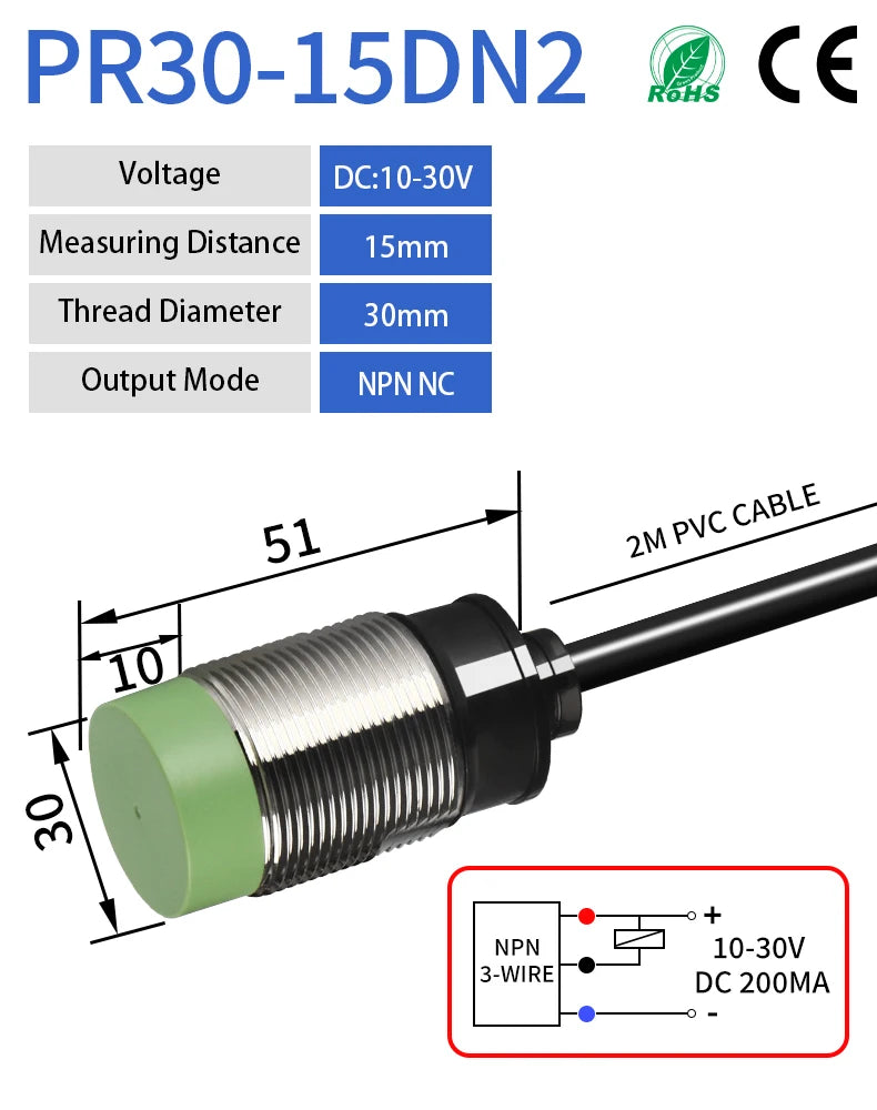 GTRIC PR30 Proximity Sensor Switch Non-Flush M30 Short NPN PNP 12-24V DC 15mm Sensing Distance Metal Inductive Proximity Switch