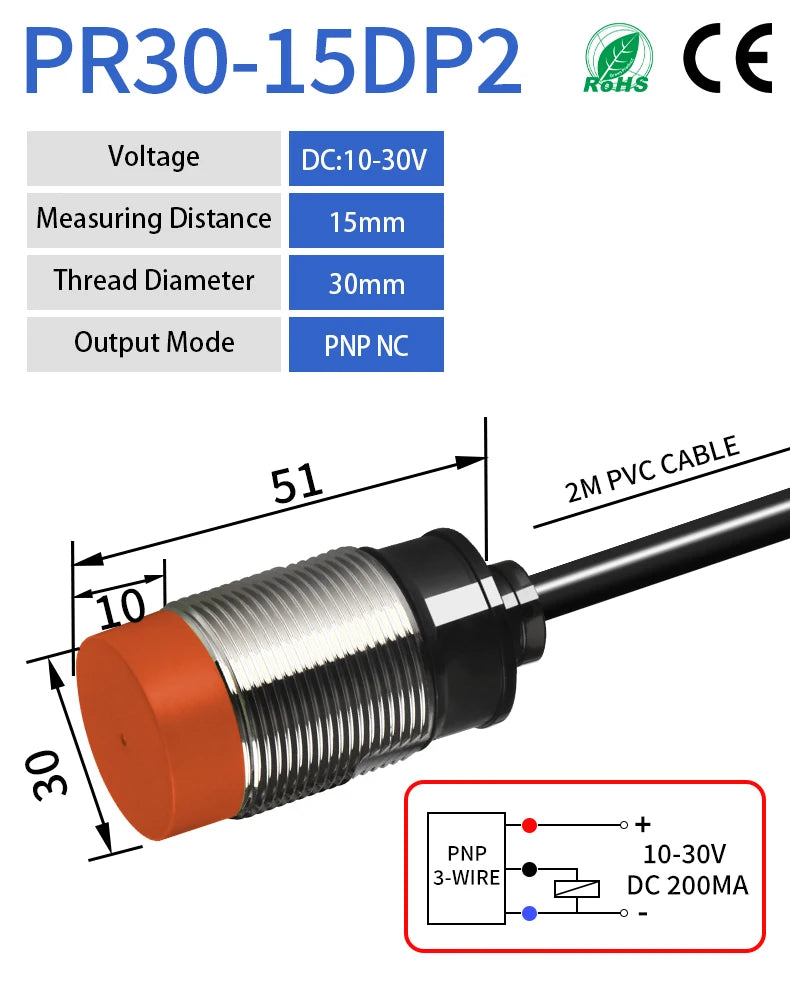 GTRIC PR30 Proximity Sensor Switch Non-Flush M30 Short NPN PNP 12-24V DC 15mm Sensing Distance Metal Inductive Proximity Switch