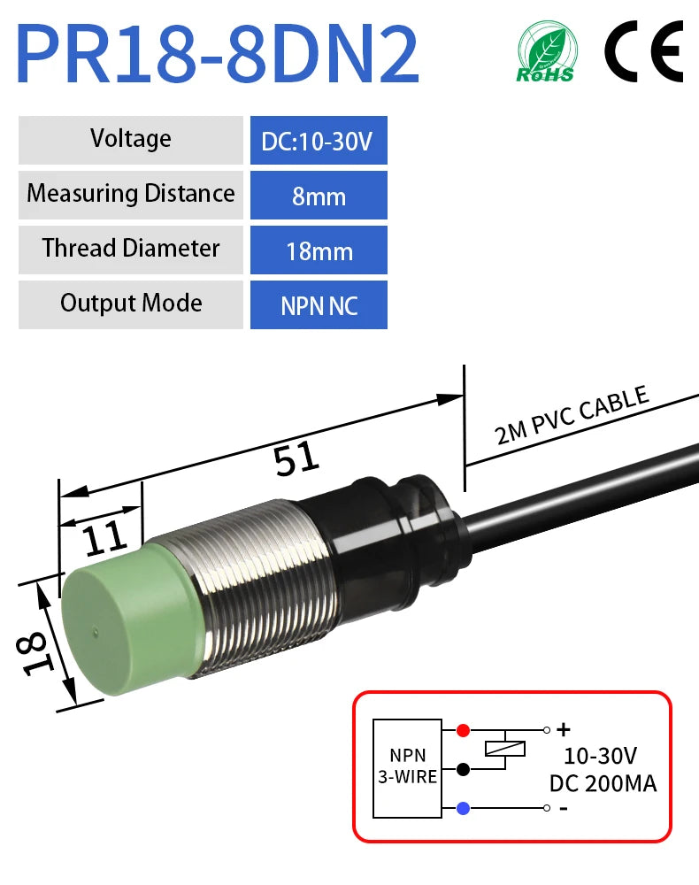 GTRIC M18 Inductive Proximity Sensor Switch PR18-8DN PR18-8DP 24VDC NPN PNP 8mm Sensing PR18 Non-Flush Metal Proximity Switch