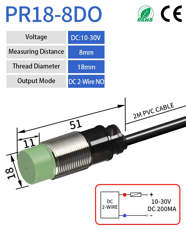 GTRIC M18 Inductive Proximity Sensor Switch PR18-8DN PR18-8DP 24VDC NPN PNP 8mm Sensing PR18 Non-Flush Metal Proximity Switch