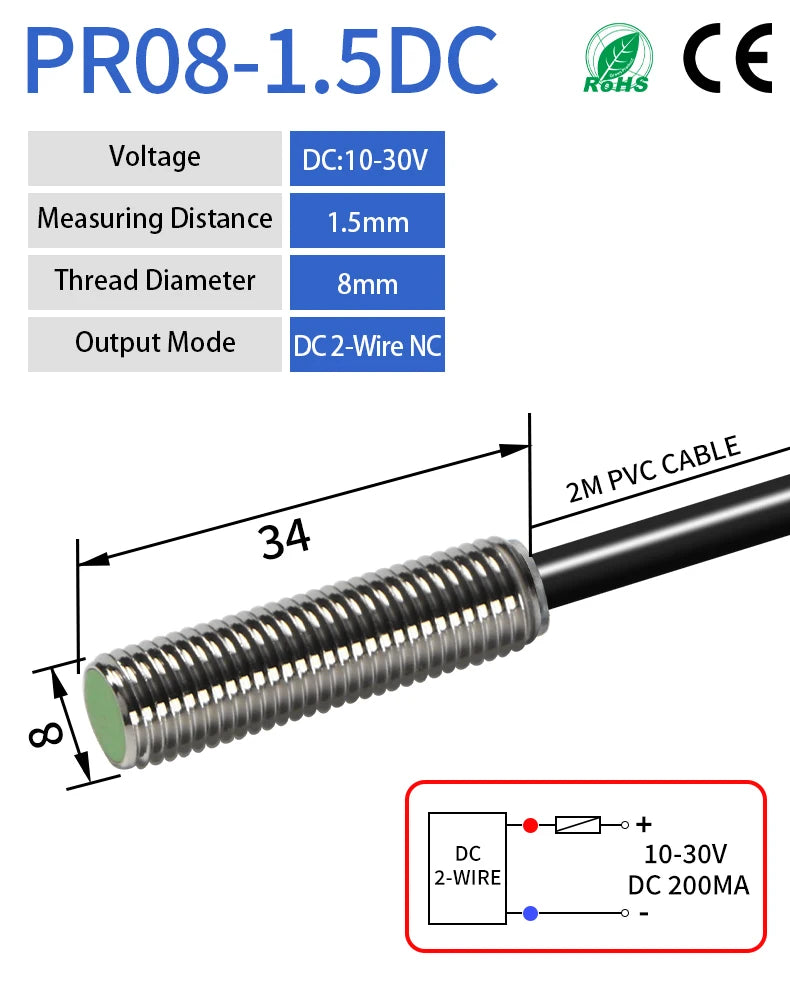 GTRIC M8 Inductive Proximity Sensor Switch 12-24V DC Short Type Flush PR08-1.5DN PR08-1.5DP NPN PNP 1.5mm Sensing Distance