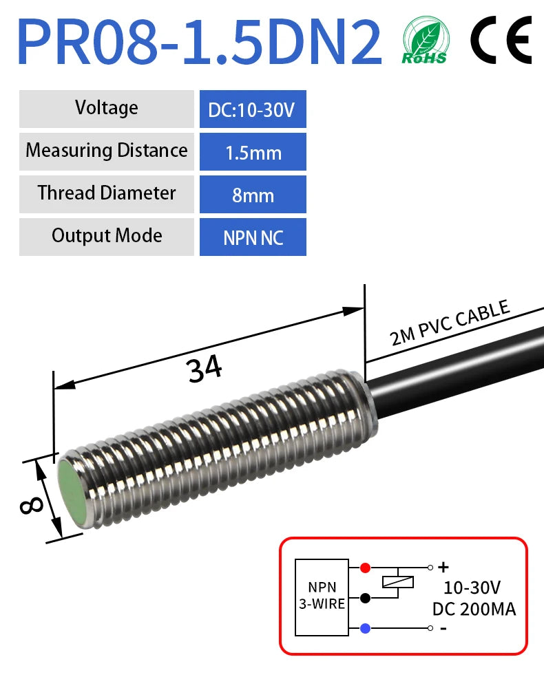 GTRIC M8 Inductive Proximity Sensor Switch 12-24V DC Short Type Flush PR08-1.5DN PR08-1.5DP NPN PNP 1.5mm Sensing Distance