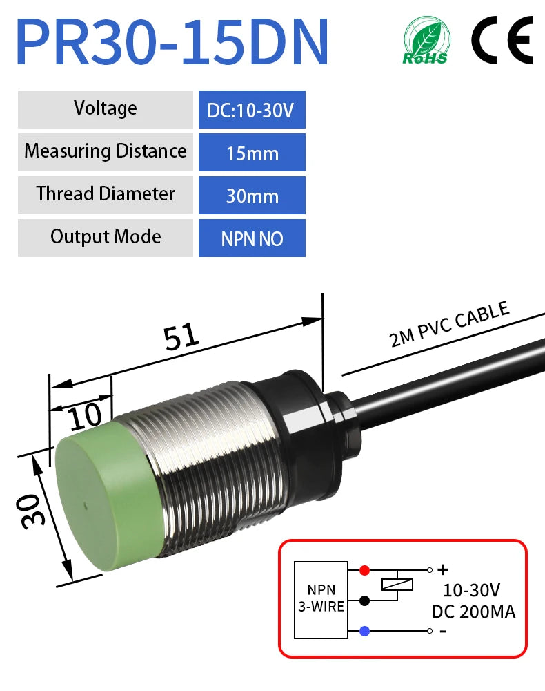 GTRIC PR30 Proximity Sensor Switch Non-Flush M30 Short NPN PNP 12-24V DC 15mm Sensing Distance Metal Inductive Proximity Switch