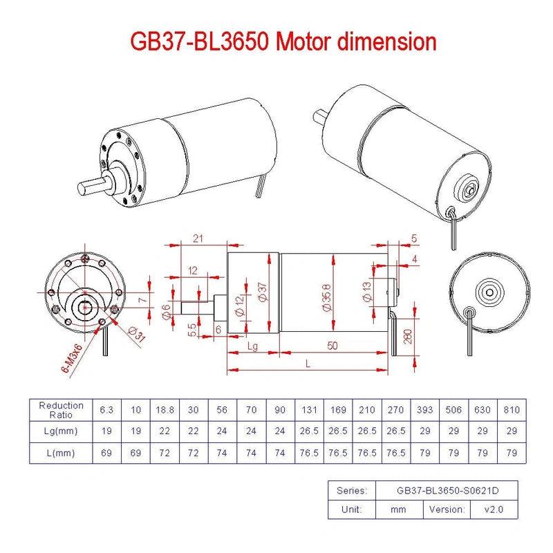 GB37-BL3650 DC Brushless 12V 24V High Torque Low RPM Micro BLDC Geared Motor  10 to 1280RPM for Automation Awning Camping Car.