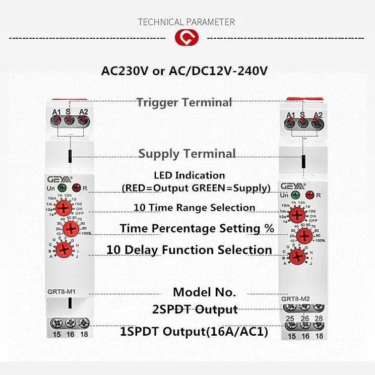 GEYA-  GRT8-M GRT8-K Multifunction Timer Relay /12V 24V 48V 110V 220V optional - electrical center b2c,din rail timer relay