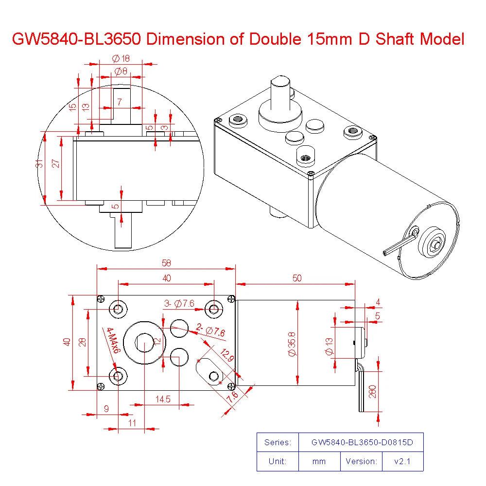 GW5840-BL3650 12V 24V 24W DC Brushless Worm Geared Motor 6 to 470RPM Reducer Electric Motor Double Shaft Support 18V 6V 5V Winch.