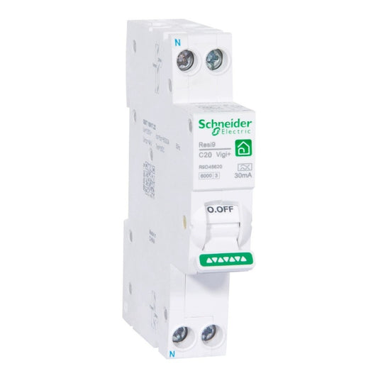 Schneider RCBO, Resi9 iDPNN Vigi+, 1P+N RCBO, 10A RCBO, 16A RCBO, 20A RCBO, 25A RCBO, 32A RCBO, Schneider residual current breaker, Type A 30mA RCBO, 6kA C curve RCBO, DIN rail circuit breaker, leakage protection circuit breaker, overload short circuit protection breaker, Schneider Resi9 series, 18mm compact RCBO