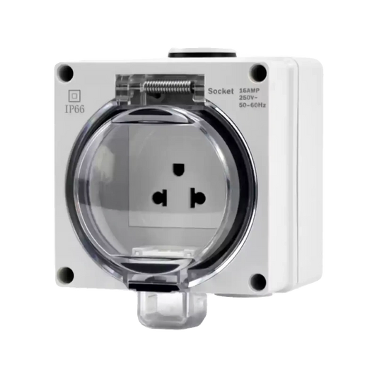 waterproof outdoor socket, US standard electrical outlet, RDL66 series power socket, 16A 250V AC weatherproof outlet box, anti-rain splashproof receptacle, IP66 outdoor power socket, flame retardant waterproof outlet, lockable electrical socket, garden patio power outlet, industrial waterproof power receptacle