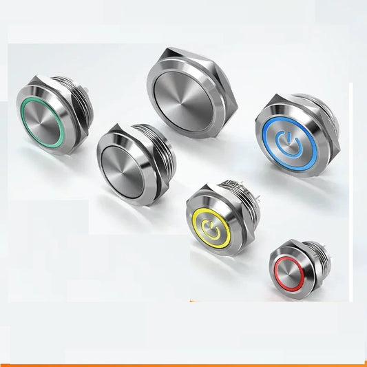 ultra thin tactile button, short metal push button, 12mm momentary switch, 16mm LED tactile button, 19mm mini button, 22mm waterproof switch, 25mm power symbol button, IP66 metal button, tactile point switch, ultra-short body button, H59 nickel-plated button, low-profile push button, 3-6V/12-24V/220V button, soldering connection button, compact control panel switch