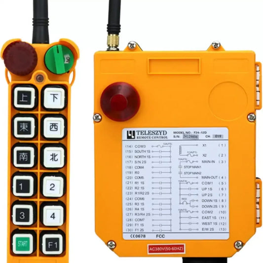 F24-12D remote control, F24-12S crane remote, one touch dual speed industrial remote, VFD hoist radio controller, overhead gantry crane remote, industrial wireless remote with emergency stop, key lock safety remote, IP65 lifting remote, multi-channel crane remote, variable frequency crane transmitter receiver, 24V 36V 220V 380V remote, heavy duty hoist remote, factory lifting radio control, Telecrane F24 series remote