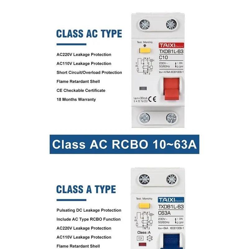 TAIXI- Type A / AC RCBO DPNL Breaker 1P+N | 16A 20A 32A 40A 50A 63A - electrical center b2c