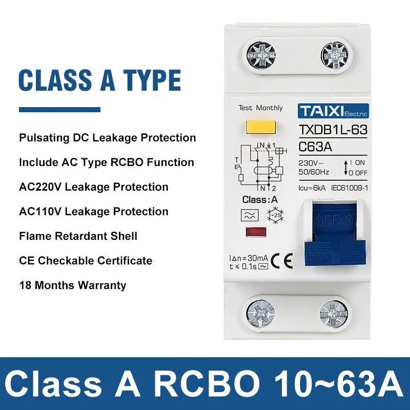 TAIXI- Type A / AC RCBO DPNL Breaker 1P+N | 16A 20A 32A 40A 50A 63A - electrical center b2c