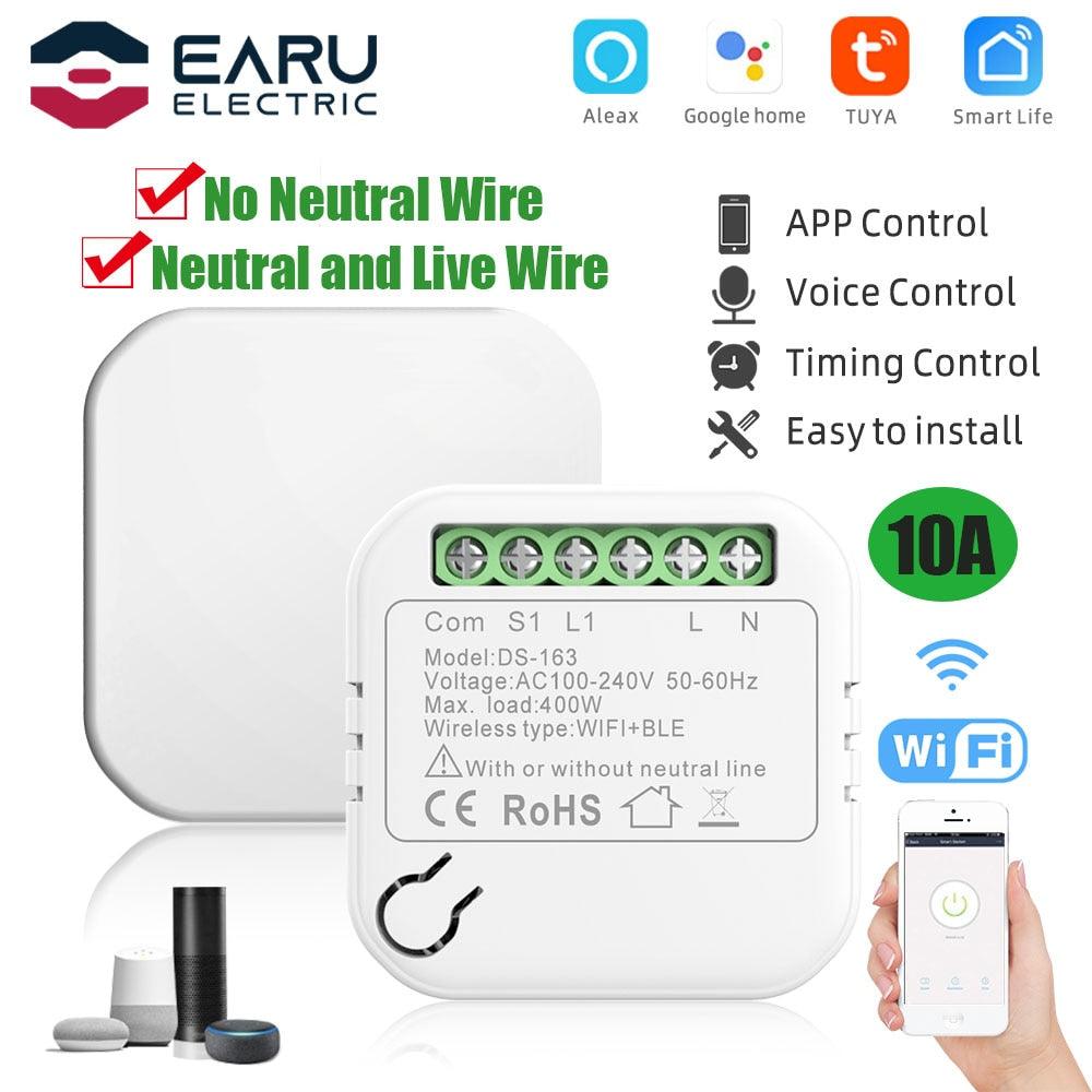 10A WiFi Smart LED Light Switch Relay Breaker Module No Neutral Wire Required Smart Life Tuya Remote Control Alexa Google Home.