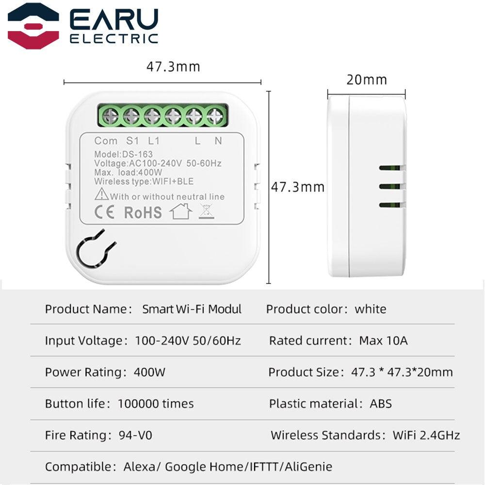 10A WiFi Smart LED Light Switch Relay Breaker Module No Neutral Wire Required Smart Life Tuya Remote Control Alexa Google Home.