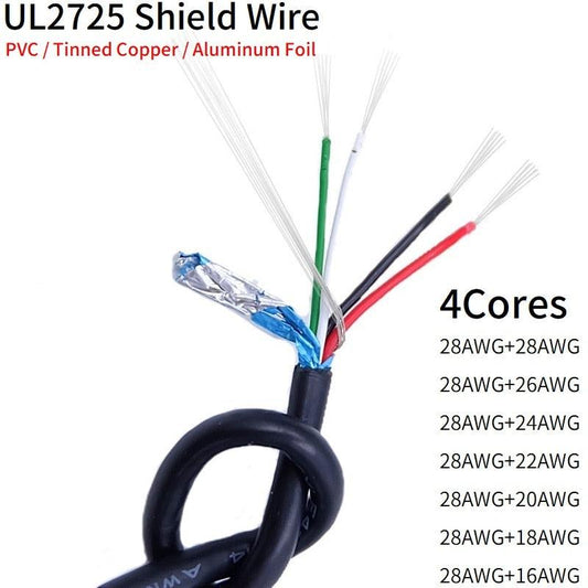 2M/10M Shielded Wire 28AWG - 16AWG Aluminum Foil Tinned Copper Line 4Cores Soft PVC UL2725 DIY USB Audio Electronic Signal Cable.