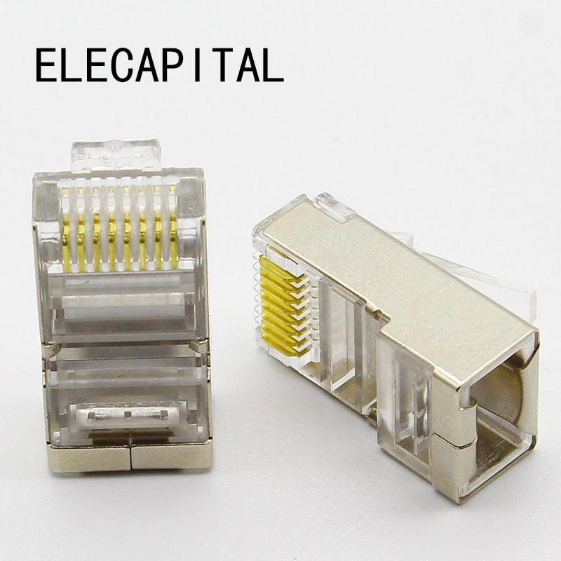 50pcs rj45 connector cat6 shielded network connectors rj45 plug 8p8c terminals for stp ethernet Cable switches modem.