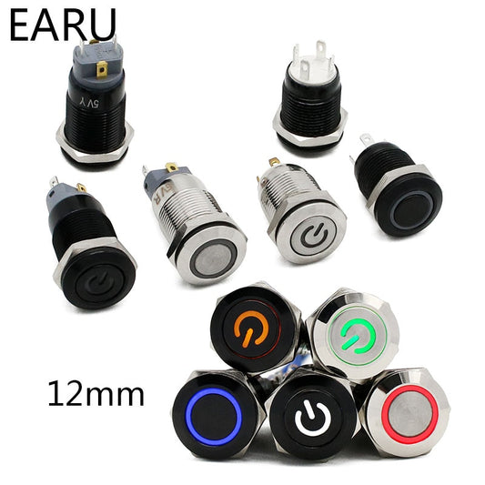 12mm Waterproof Metal Push Button Switch LED Light Black Momentary Latching Car Engine PC Power Switch 5V 12V 24V 220V Red Blue.