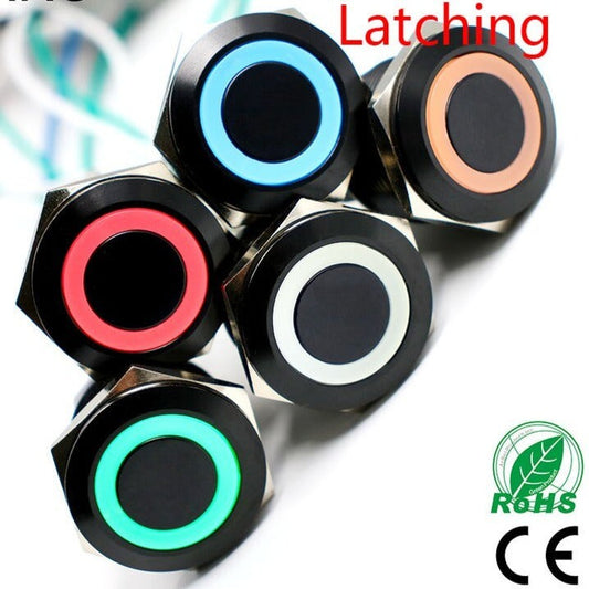 Black 25mm Metal Latching LED Push Button Switch.