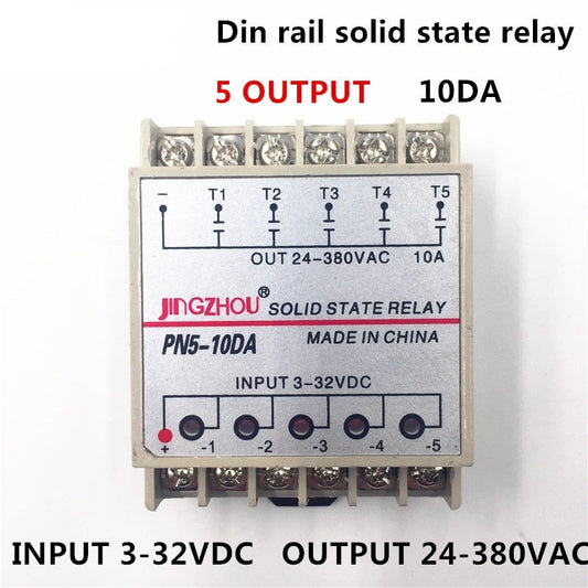 1pc 10DA 5 Channel Din Rail SSR Quintuplicate Five input 3~32VDC Output 24~380VAC Single Phase DC Solid State Relay 10A PLC Hot.